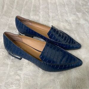 Franco Sarto Starland Navy Blue Leather Croc-Embossed Pointed Toe Loafers Size 7